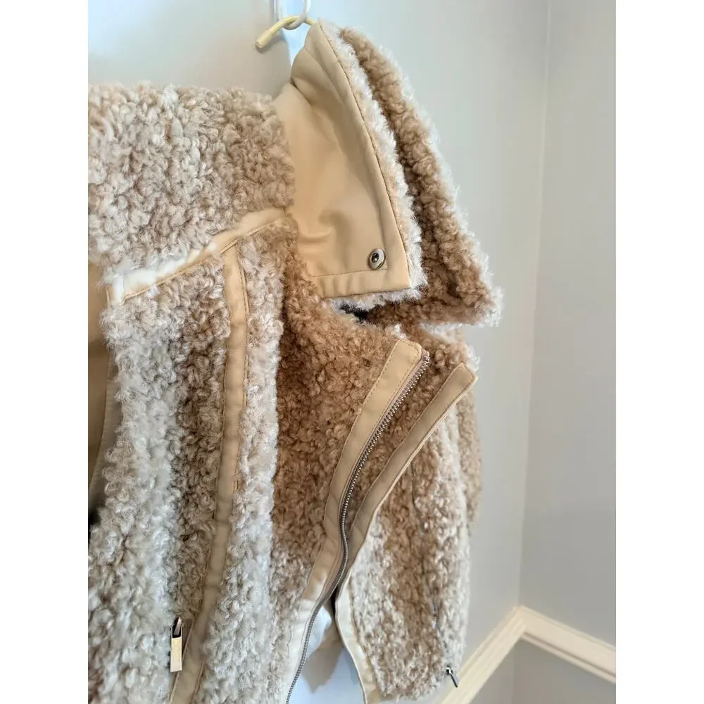 Anthropologie Teddy Faux Fur Moto Vest Cream Beige Size Small